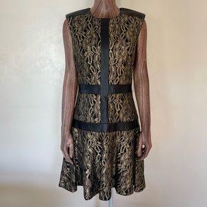 Nicole Miller Leather Trim Black Gold Brocade/Lace Fit Flare Dress -NWT- Size 6